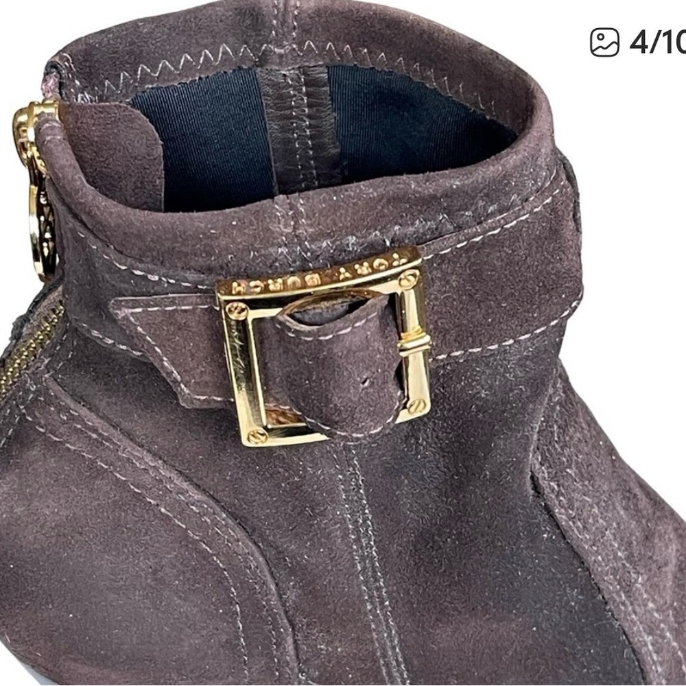 Tory Burch Melrose Chocolate Suede Heel Ankle Boots W/Gold Buckle Size 11 - Picture 6 of 9